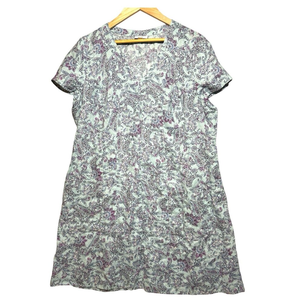 J. Jill Love Linen Sea Glass Blue Purple Paisley Print Shift Dress Women's L - Picture 2 of 12